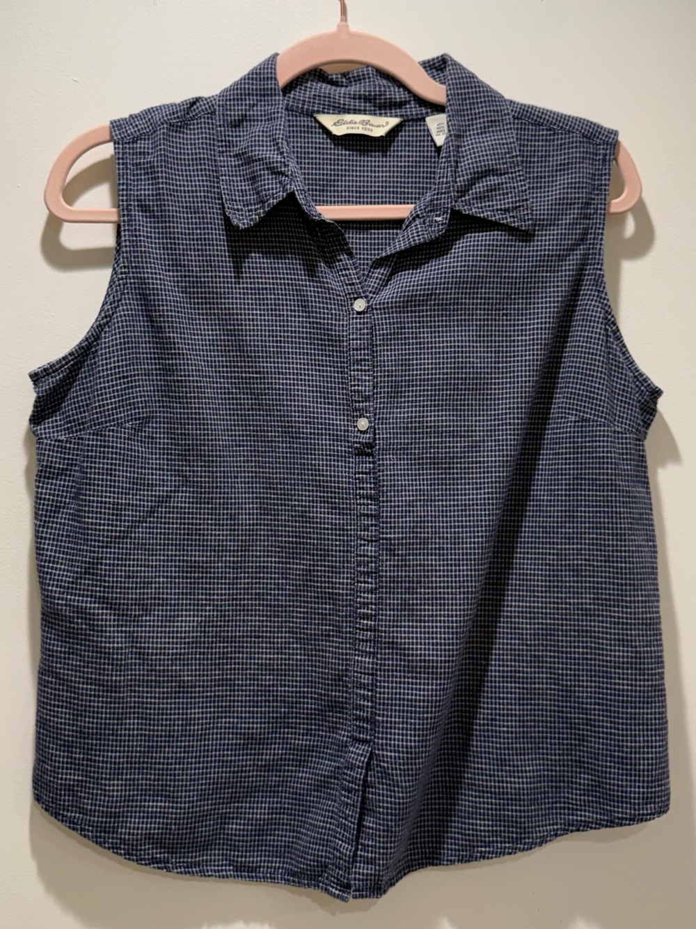 Retro Classic Linen & Cotton Navy Blue Check Sleeveless Button-Down Top